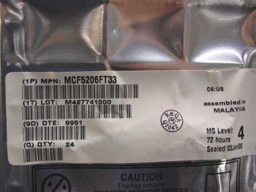 MCF5206FT33 ESD bag label showing MPN, lot number M427741000, DTE 9951, qty 24, assembled in Malaysia, MS Level 4, sealed 02/00