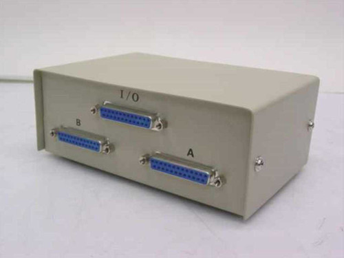 Unbranded 2-way DB25 data transfer switch — rear/side view showing three DB25 25-pin female connectors labeled I/O, A, and B