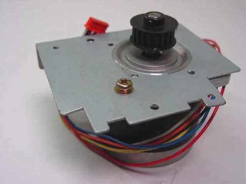 TEC SPH-54AB-116 unipolar stepper motor – top view showing timing pulley on shaft, mounting bracket, and multi-color wire harness