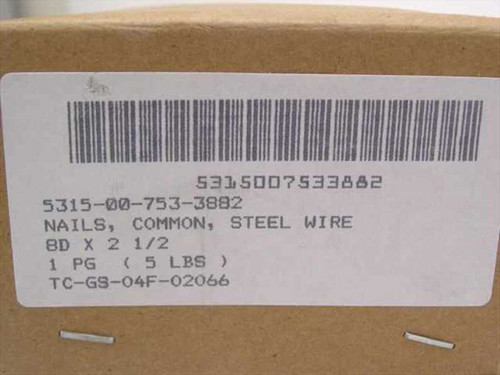 Close-up of box label showing NSN 5315-00-753-3882, 8D x 2-1/2 common steel wire nails, 5 lbs, TC-GS-04F-02066