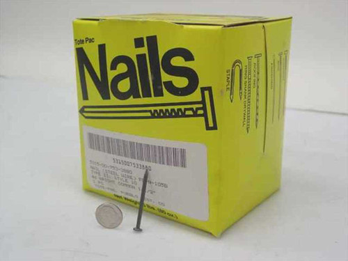 Tote Pac 4d Bright Common Nails 1-1/2 inch 5 lb box front view with single nail beside box for scale