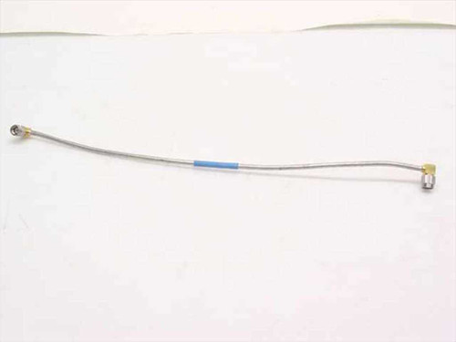 Semi-rigid coaxial cable approximately 11 inches long with right-angle SMA male connectors on both ends and a blue heat-shrink band near center