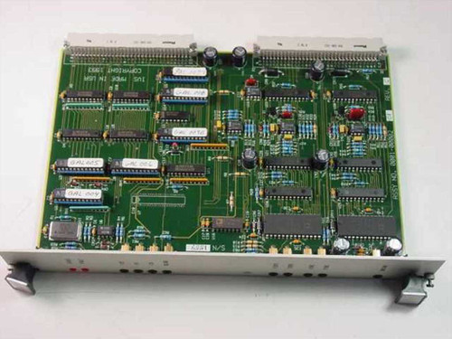 IVS Accuvision 200 SFB control board — angled top view showing reverse orientation with GAL ICs, oscillator, and card-edge connectors; copyright 1993 marking visible on board