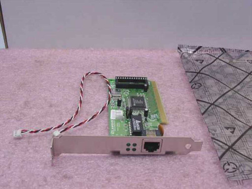 Linksys LNE100TX EtherFast 10/100 PCI network card — front view showing green PCB, RJ-45 port, PCI edge connector, and wake-on-LAN header