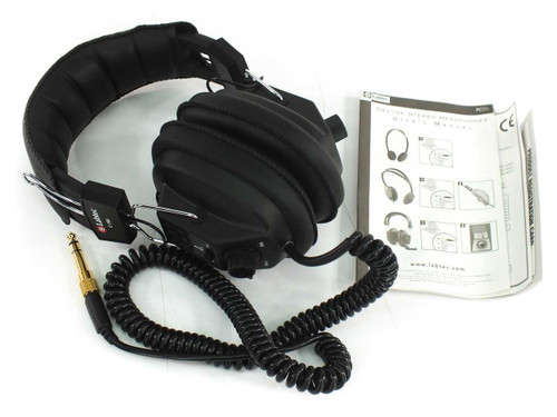 Labtec C-184 over-ear headphones with coiled cord, gold-plated 1/4" adapter, and user manual – three-quarter front view on white background