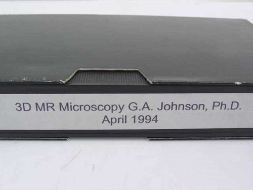 Close-up of VHS case label reading '3D MR Microscopy G.A. Johnson, Ph.D. April 1994'