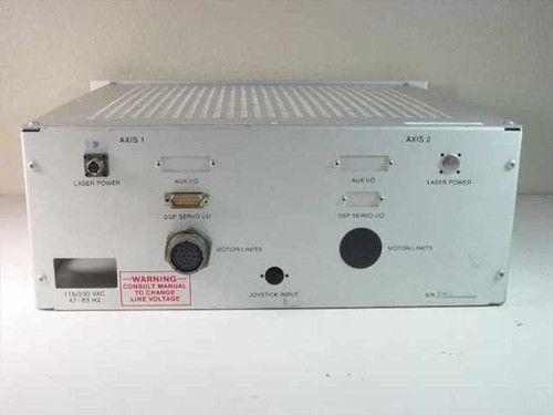 Teletrac VC4027-000-0017 – rear panel showing dual-axis layout with Laser Power, AUX I/O, DSP Servo I/O, Motor/Limits connectors and 115/230VAC rating label