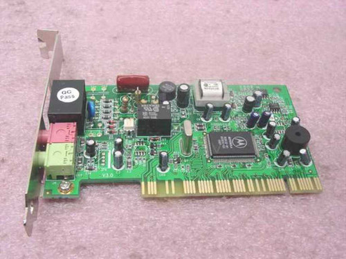 Encore ENF656-PCI-MOPR PCI modem – top-side PCB view showing Motorola controller chip, QC Pass sticker, and PCI edge connector