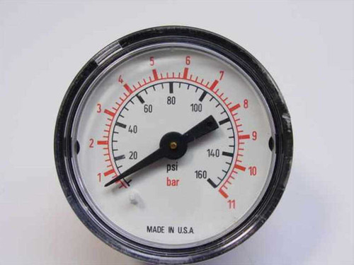 1.5 inch pressure gauge face showing dual PSI and BAR scale, 160 PSI 11 BAR, Made in USA label on dial