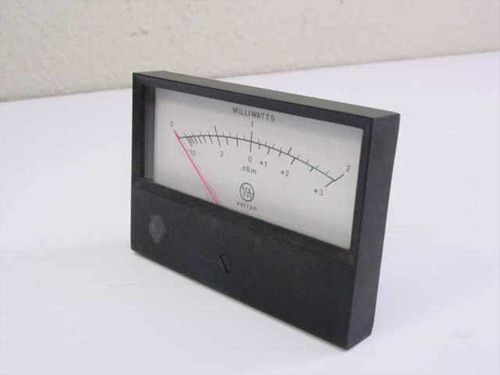 Varian analog panel meter front view showing 0-2 milliwatts and dBm dual scale with red needle pointer in black housing