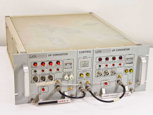 LNR UC6-D1 dual C-Band redundant upconverter system front panel view showing two UP CONVERTER modules and center CONTROL section