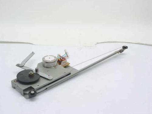 Unbranded steel linear carriage mechanism with unipolar stepper motor and driver board — full assembly side view showing rail, pulley, and cable