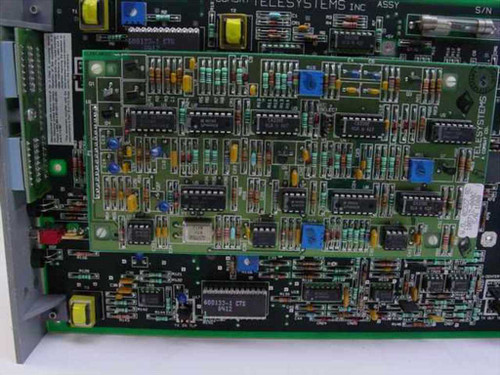 Tele Systems EC-4543 — PCB top view showing full component layout including ICs, capacitors, and transformers; Tele Systems Inc. ASSY label visible
