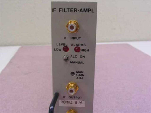 Scientific Atlanta 362272 IF Filter Amplifier front panel — IF INPUT SMA port, LEVEL LOW/HIGH and ALARMS LEDs, ALC ON/MANUAL switch, MAN GAIN ADJ pot, IF OUTPUT SMA port, and 30MHZ B.W. label