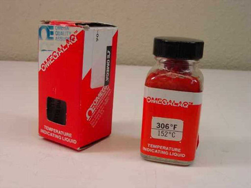 Omega Omegalaq LAQ-0306 Temperature Indicating Liquid 306°F 152°C — small glass bottle shown next to its original red Omega box