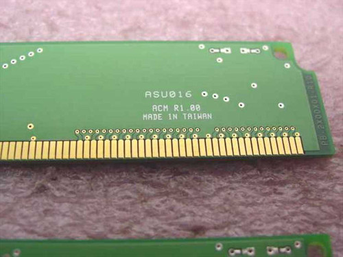 ASUS ASU016 RDRAM spacer close-up showing ASU016 part marking, ACM R1.00 revision, and Made in Taiwan label