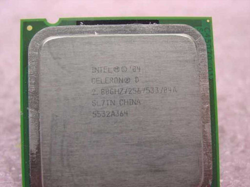 Intel SL7TN Celeron D 2.80GHz Socket 775 CPU — top IHS label showing SL7TN, 2.88GHz/256/533/84A, made in China, 2004