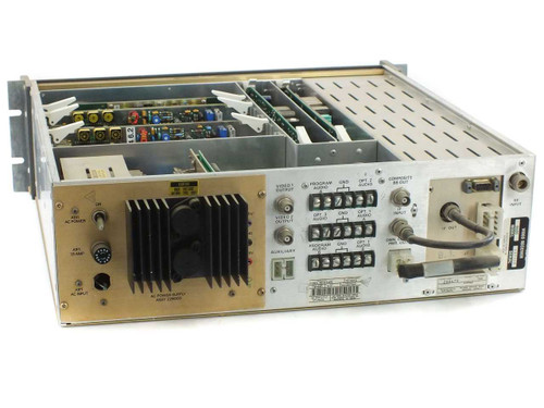 Scientific Atlanta 7514 Video Receiver rear panel showing AC power supply, terminal block audio connections, BNC video outputs, and RF input