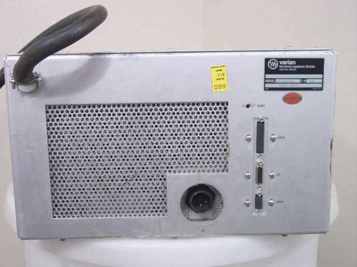 Varian 01000167-02 TWTA power supply rear panel showing ventilation grill, Varian rating plate label, three D-sub connectors (J103, J2, J104), circular power connector, and yellow asset tag