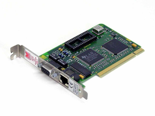 Madge 151-100-04N Smart 16/4 PCI Ringnode Token Ring Network Card – front angled view showing DB9 and RJ45 ports on bracket and main LAN controller chip