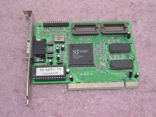 S3 Trio64V+ PCI video card 35-8213-21 — angled top view showing S3 Trio64V+ chip, RAM modules, and VGA port