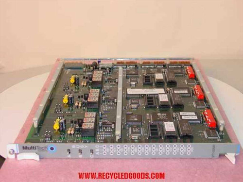 MultiTech MT1432MR Triple Modem Module Board front panel view installed in rack carrier, MultiTech logo visible on faceplate