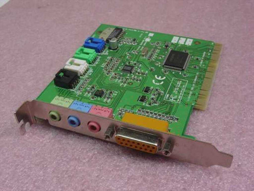 Creative Labs CT5803 PCI sound card front angle view showing 3.5mm audio jacks and DB15 game port on bracket