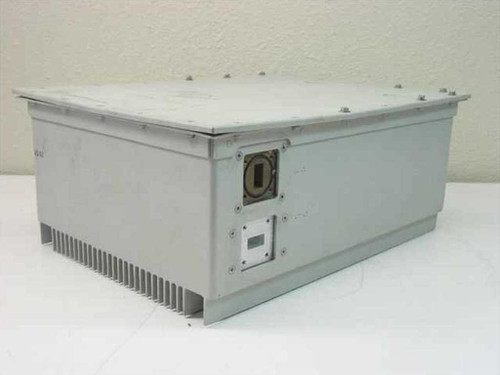 Avantek ASAT-1214-1004 RF Amplifier — rear view showing WR75 waveguide INPUT and OUTPUT ports and small indicator window