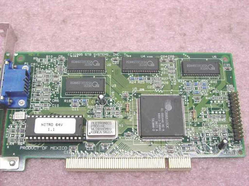 STB Nitro 64V PCI video card – PCB top view showing Nitro 64V chip label, multiple RAM chips, and 'Product of Mexico' marking