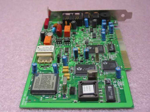 Logicode 28HSVDP ISA modem card — reverse angled view showing Datatronics module, main controller ICs, and ISA edge connector