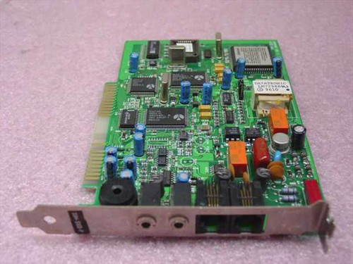 Logicode 28HSVDP 16-bit ISA fax modem card — angled front view showing PCB components, RJ-11 jack, and audio ports on bracket