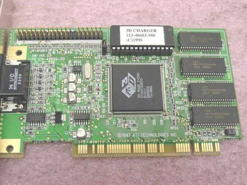 ATI 3D Charger PCB top view showing Rage 3D II GPU chip, 3D Charger 113-40603-100 label, and VRAM chips