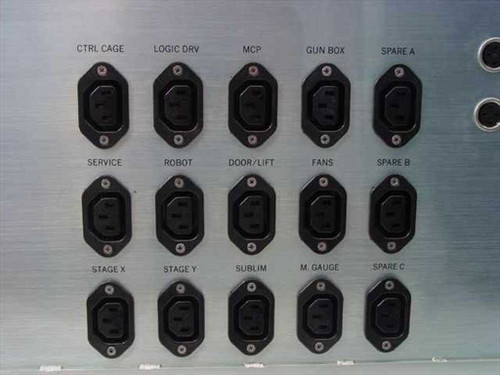 IVS Accuvision 200 – close-up of 15 labeled IEC C13 outlet panel: Ctrl Cage, Logic Drv, MCP, Gun Box, Spare A, Service, Robot, Door/Lift, Fans, Spare B, Stage X, Stage Y, Sublim, M. Gauge, Spare C