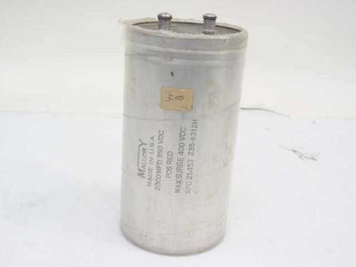 Mallory SPO21-157 2000uF 350VDC electrolytic capacitor – cylindrical aluminum can body with label visible on side