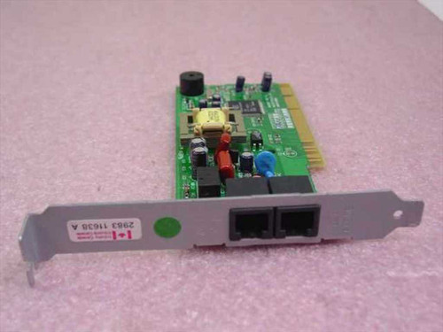 Macsystem MA560CI 56K PCI fax modem card – angled front view showing bracket with dual RJ11 ports and green PCB