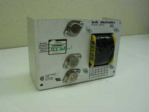 ACDC Electronics 24N3.6 power supply front view showing model label, 15V output, silicon rectifier transistors, and UL/CSA certification badge