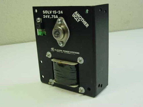 Elexon Power Systems SOLV15-24 24V 0.75A power supply module – front panel view showing model label, 2N3055 pass transistor, and toroidal transformer