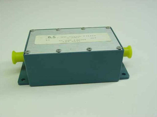 8.5 MHz 5-Pole Bessel Low Pass Filter in blue-grey metal enclosure with yellow BNC dust caps on each end, front-top view