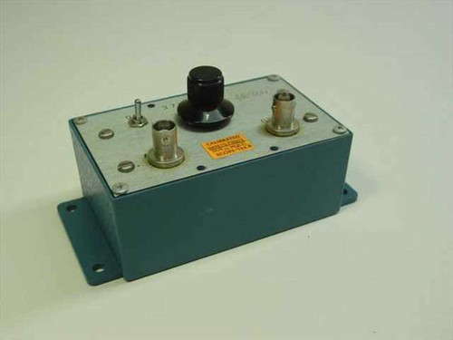 Pomona Electronics 3.75 MHz band pass filter – front-left angled view showing BNC IN and OUT connectors, black rotary volume control knob, ON toggle switch, and Scope-Teka calibration sticker on teal aluminum mountable enclosure