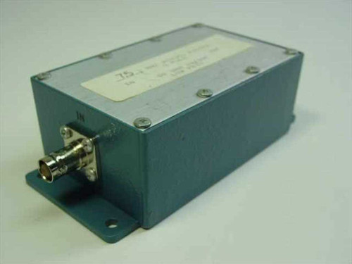 7.5 MHz 5-pole Bessel low pass filter in blue-green metal housing — angled front-left view showing BNC input connector and label on top