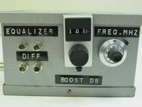 Steel enclosure RF equalizer front panel close-up showing EQUALIZER label, four DIFF BNC inputs, numeric frequency counter display, and BOOST DB rotary dial