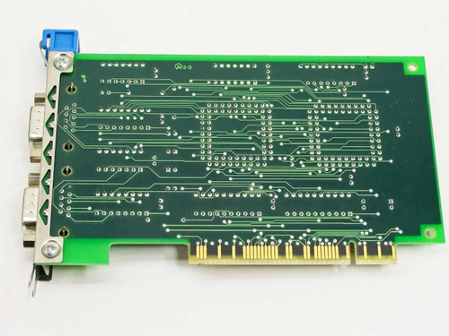 Neotech S2M100 Dual RS-232 MCA Serial Card – solder side showing PCB traces, MCA edge connector, and two DB-9 port bracket