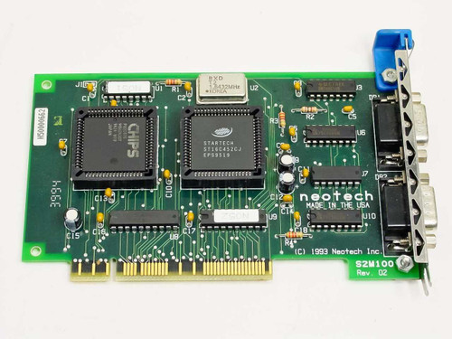 Neotech S2M100 Rev.02 Dual RS-232 MCA Serial Card – top component side showing CHIPS and StarTech EPS9118 controller ICs, oscillator, and MCA edge connector