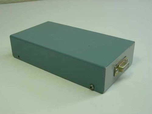 Steel interface box top and side view showing teal-gray metal enclosure with DB9 connector on the short end