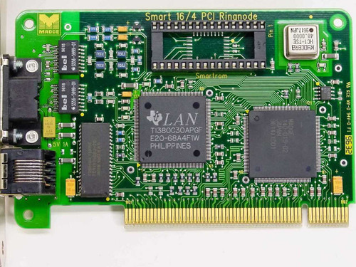 Madge Smart 16/4 PCI Ringnode PCB top view showing Texas Instruments TI380C30A TILAN main controller chip and Smartram label