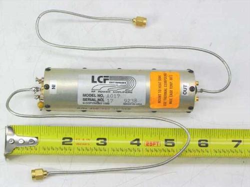 LCF Enterprises A017 RF Power Amplifier full view with SMA-M semi-rigid coax pigtails alongside ruler showing approximately 116mm length