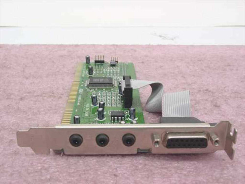 AOpen AS007 ISA Sound Card front bracket view showing three 3.5mm audio jacks and DB15 game port with ribbon cable attached