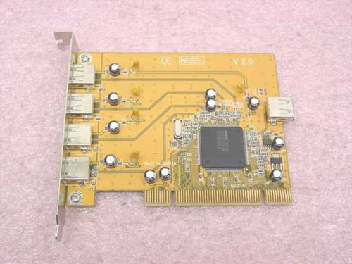 SIIG TK-P5U212 USB 2.0 PCI 5-Port Adapter Card — component side showing NEC controller chip, four external USB-A ports on bracket, one internal USB connector on right edge, CE and RoHS marks, and V 2.0 board revision label