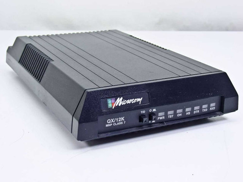 Microcom QX/12K MNP Class 7 external modem – front panel view showing LED indicators and model label