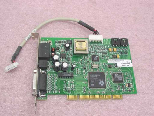 HP 5184-3448 PCI Modem Card – angled top view showing PCB components, modem transformer, main controller chip, and internal cable connector
